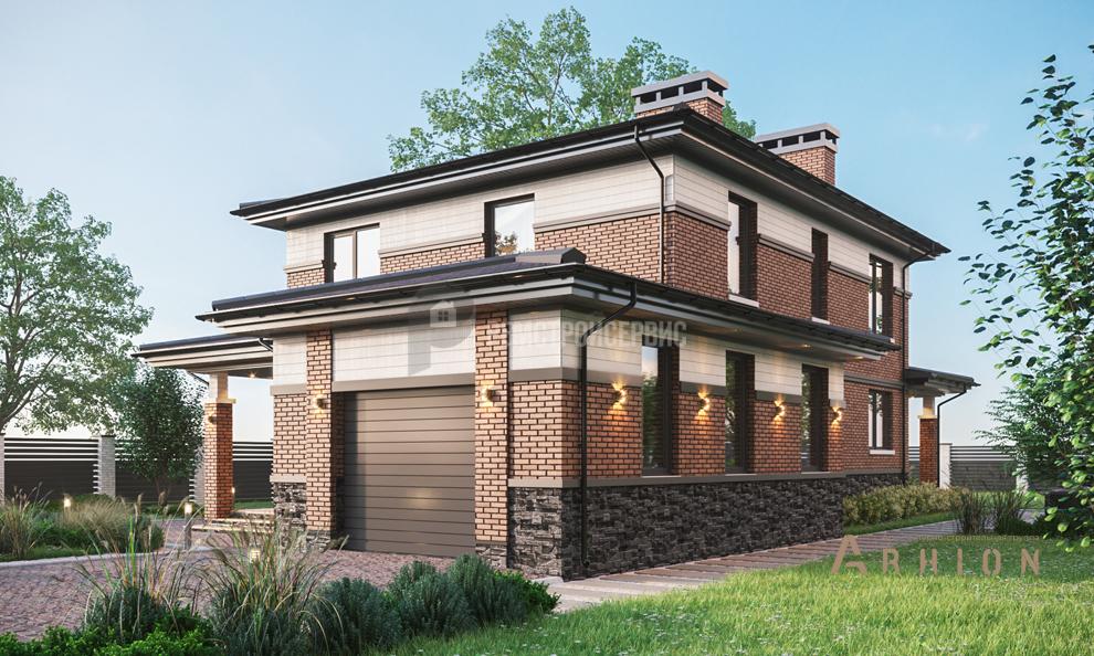 3. Проект двухэтажного дома в современном стиле с четырехскатной, t-66-01, площадью - 193 кв c терассой, гаражом